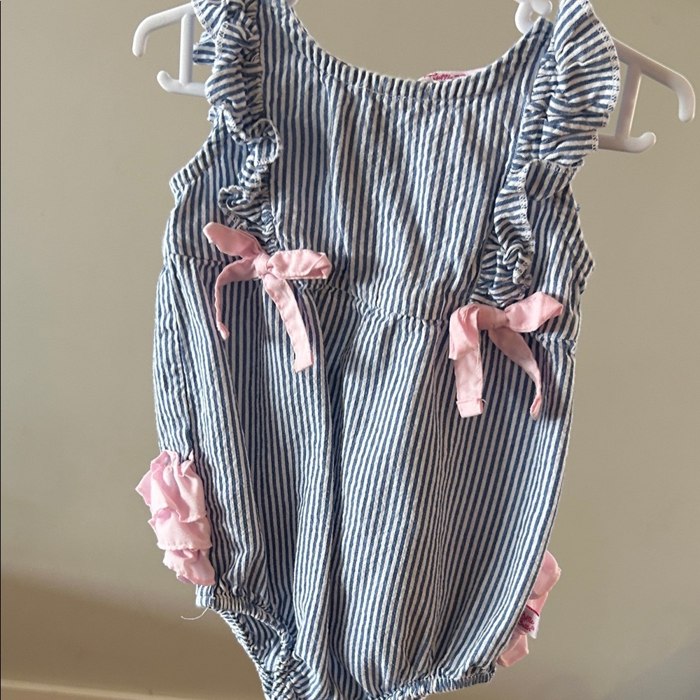 RuffleButts Striped Baby Romper with Pink Accents 6-12 month